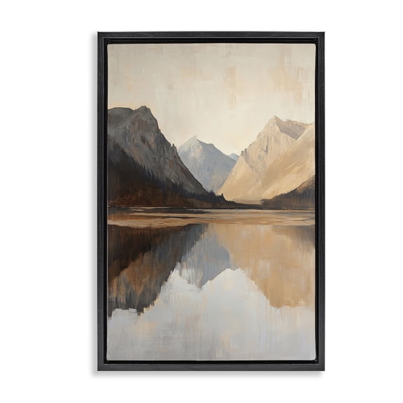 Stupell Industries Rustic Lodge Terracotta Reflections Lake Landscape Black Floating Frame Canvas Art, 17 x 25, by Petals Prints Design