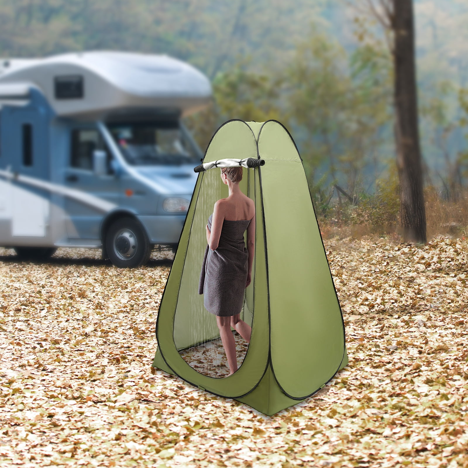 Instant Pop-Up Toilet Tent, 3.94x3.94x6.23ft Green Polyester, UV-Resistant Silver Layer, Dual Zipper Door & Mesh Window, Great for Outdoor Games/Model Changing
