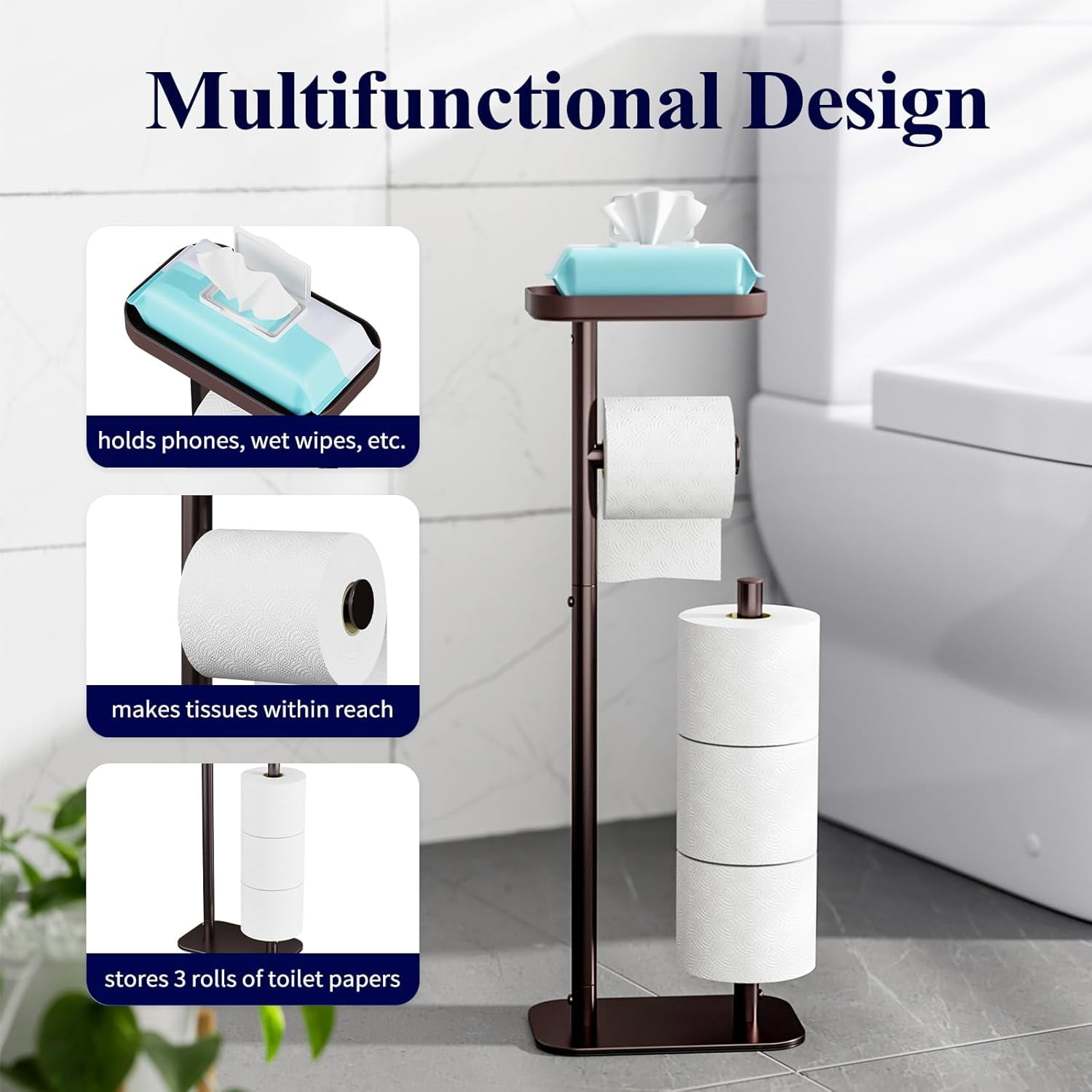Toilet Paper Holder Free Standing – Rustproof Metal Toilet Paper Stand for 4 Rolls with Anti-Slip Base and Shelf for Phone & Small Items, Bathroom Organizers and Storage, Medium