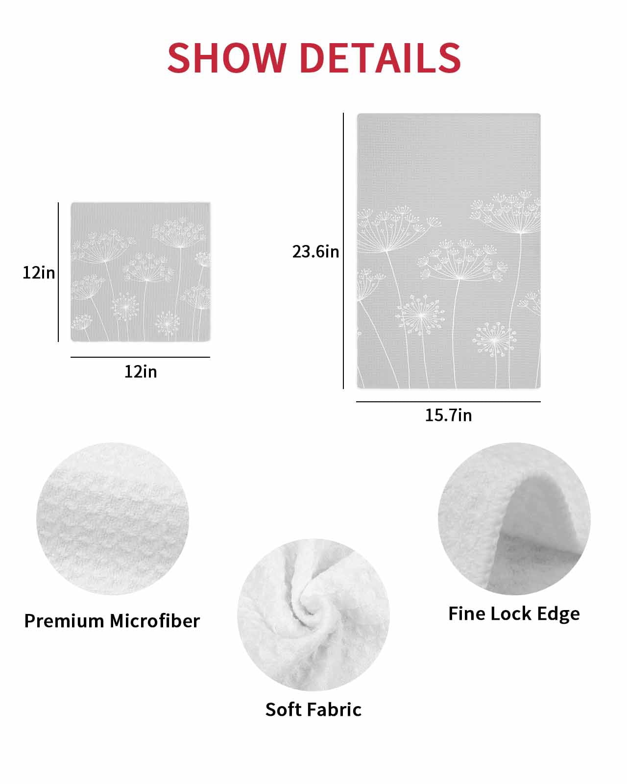 Grey Dandelion Kitchen Dish Towels for Drying Dishes Set of 3, Spring Modern Minimalist Country Flower Waffle Weave Microfiber Hand Tea Bathroom Towels Quick Dry & Absorbent Towel 15.7x23.6