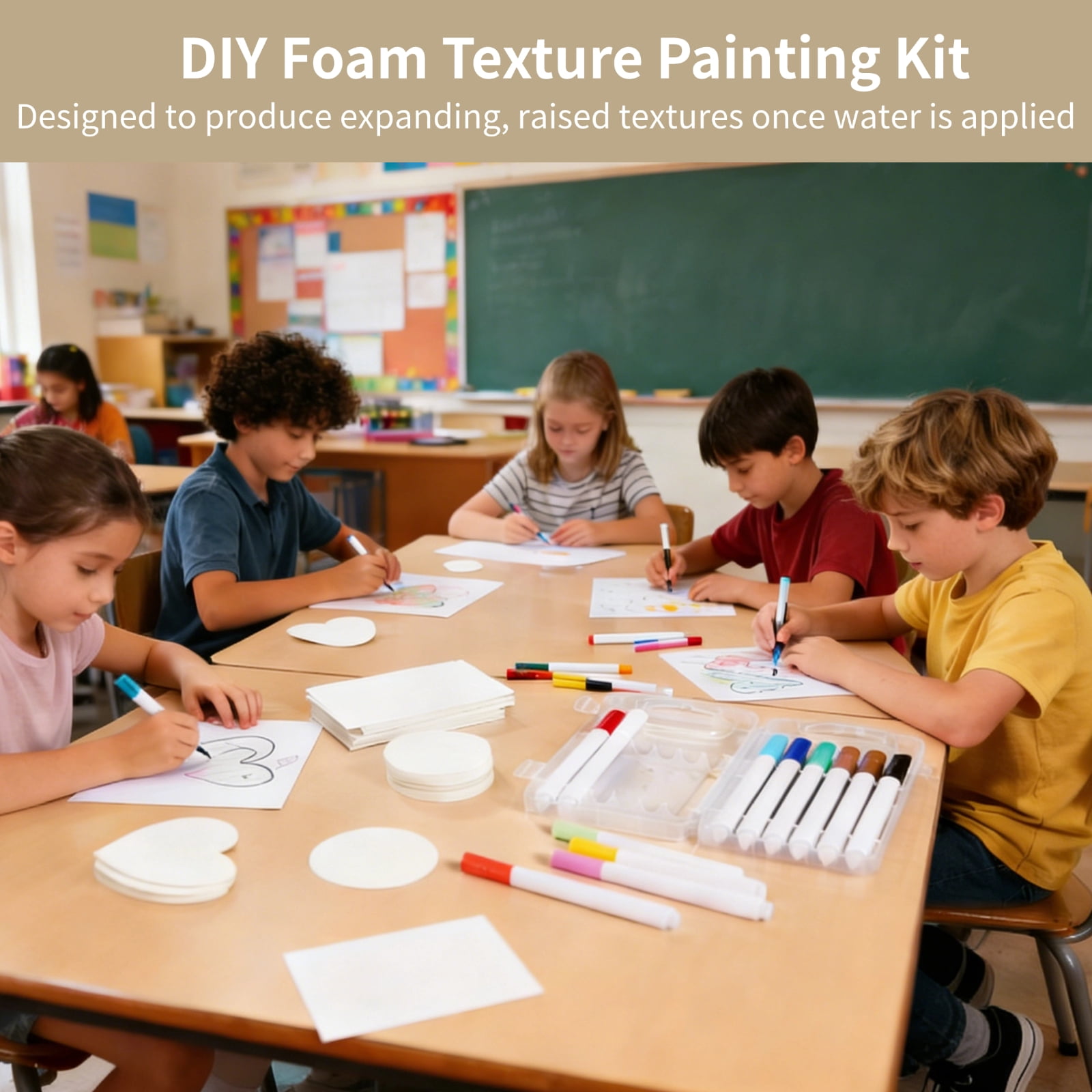 DIY Foam Texture Painting Kit, Foam Texture Paper Rectangle Heart Round, 12 Color Brush Tip Acrylic Paint Markers, Water Pens, Display Easel, Hanging Chains for Creative 3D Artwork DIY Crafts