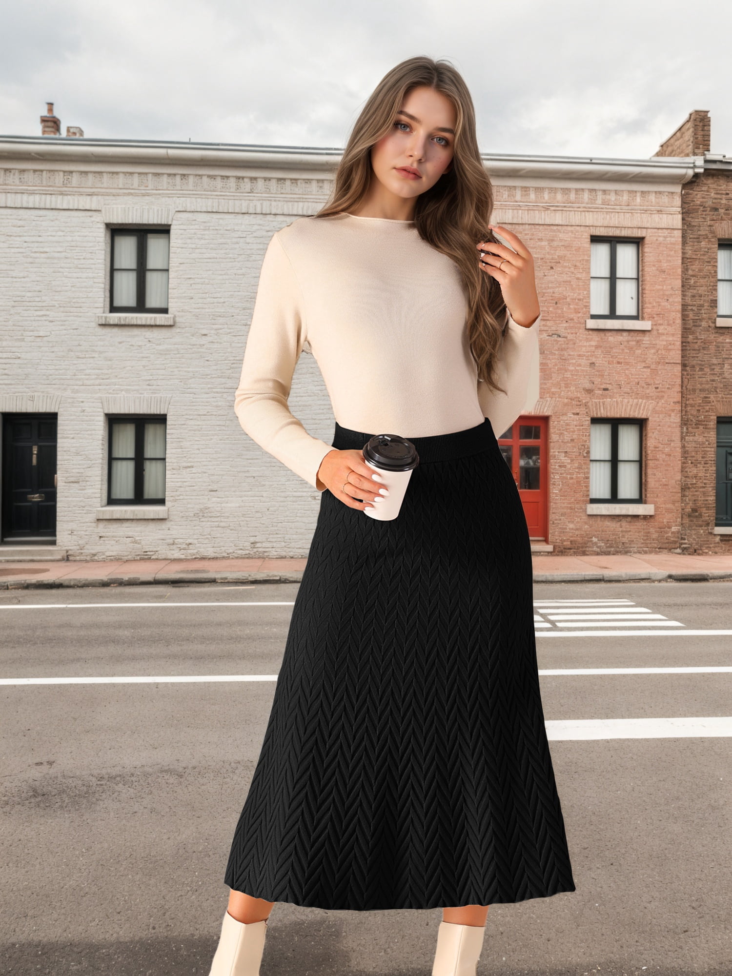 DARING DIVA Women's A-Line Skirts Stretchy Sweater Midi Skirt S Black
