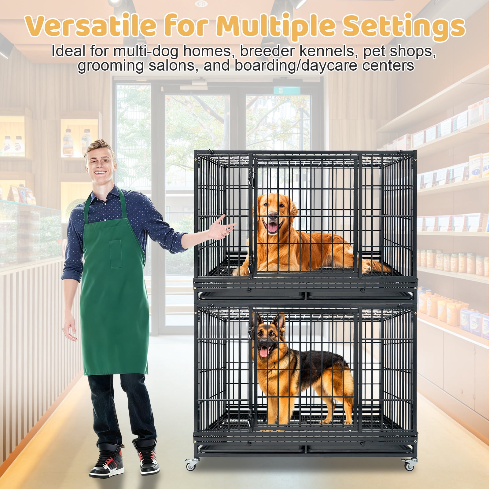 47 Inch Heavy Duty Large Dog Crate, Stackable Indestructible Big Cage for High Anxiety Dogs, Escape Proof XL Dog Kennel Indoor with Auto Locks, No-Noise Grid, Dual Trays, 360° Wheels(2 Tier)