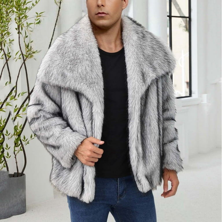 Mens Faux Fur Jacket Fluffy Furry Zipper Coats Lapel Collar Long