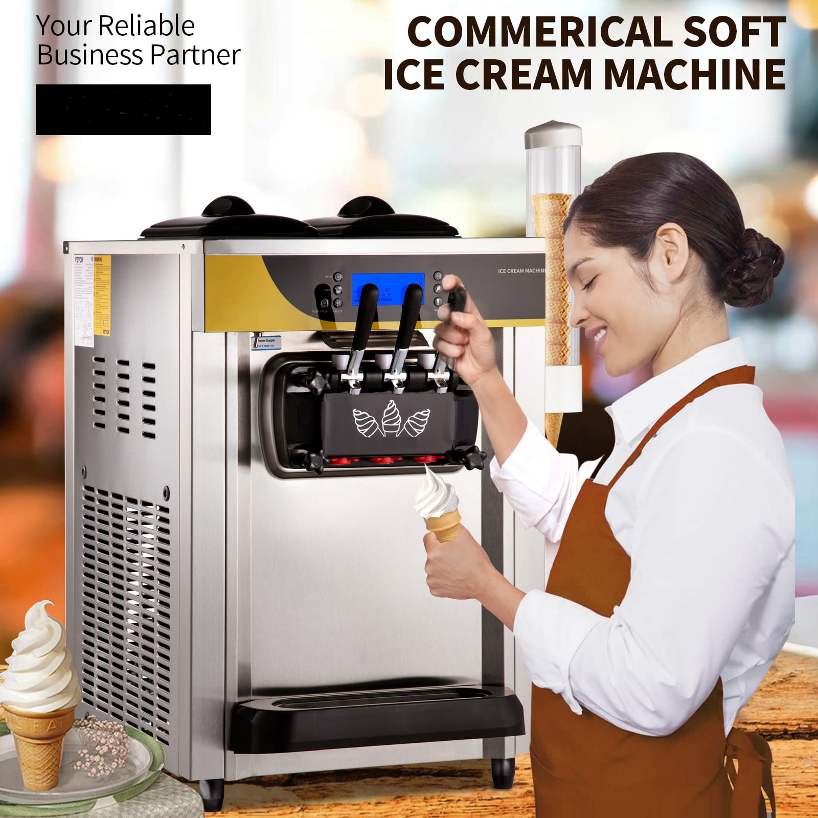 VEVOR Commercial Ice Cream Maker, 22-30L/H Yield, Countertop Soft Serve Machine w/ 2x6L Hopper 2L Cylinder LCD Panel Puffing Shortage Alarm, Frozen Yogurt Maker for Restaurant Snack Bar