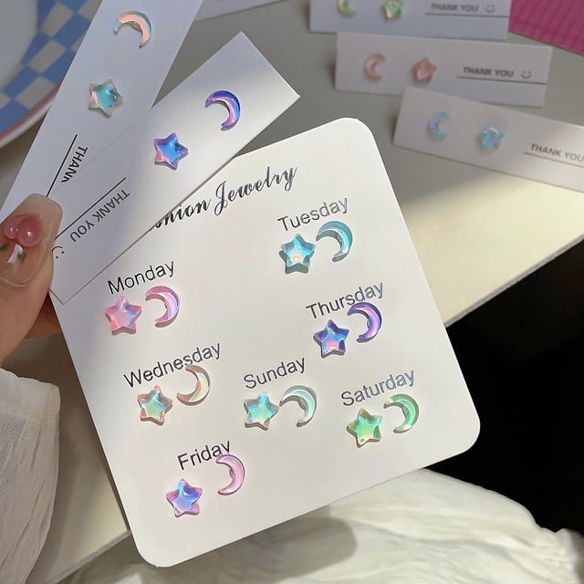 Pendientes de plata con forma de estrella de moca y aguja, para niña, con forma de luna, pequeños, transparentes, súper brillantes, combinables con todo