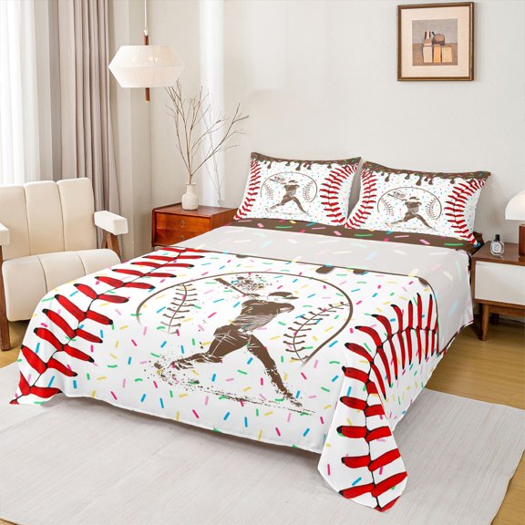 Erosebridal Brown Dripping Baseball Stitch & Batter Silhouette Graphic Twin Sheet Sets 3pcs, Baseball Graphic Bedding for Boys And Girls Kids,Microfiber Bedroom Decor