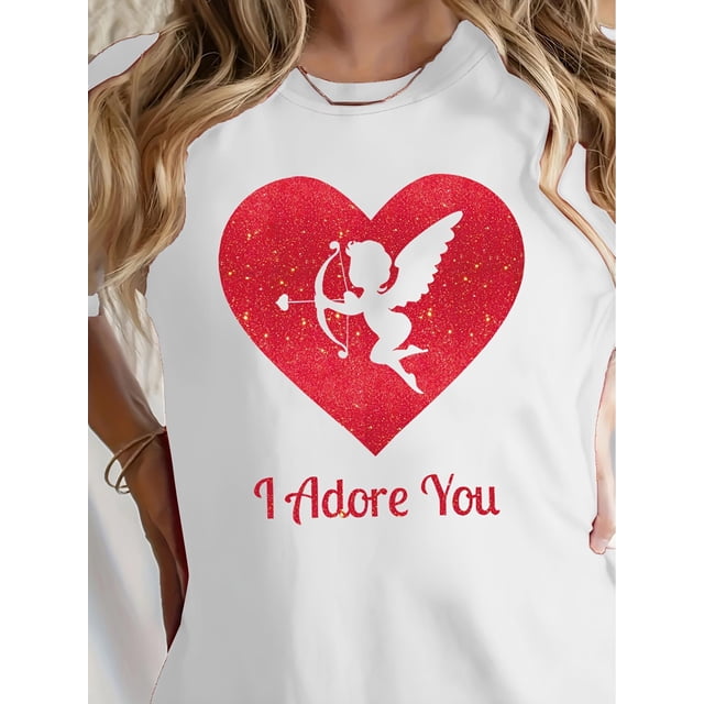 Camiseta de San Valentín con corazón de Cupido - Cuello redondo, manga corta, top de moda para mujer, transpirable