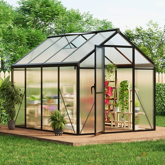 BeesClover Grandes Serres en Aluminium à Entrée Piétonne pour l'Extérieur, Serre en Polycarbonate avec Portes Coulissantes et Évent de Toit, Solarium Serre d'Hiver pour Patio Extérieur, Cour Arrière, Jardin