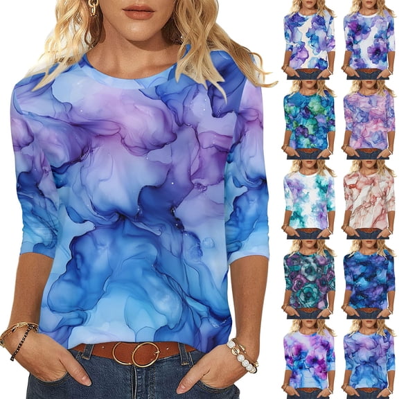 VBVC Women's 3/4 Sleeve Tie Dye Tops,Ladies Breathable Tunic T-Shirts,Spring Fall Basic Business Tees For Women,Multicolor,Size L