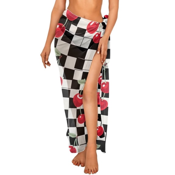 Uourmeti Cherry Plaid Pattern Women's Bikini Cover Up Sarong Beach Wrap Bathing Suit Swimsuit Scarf