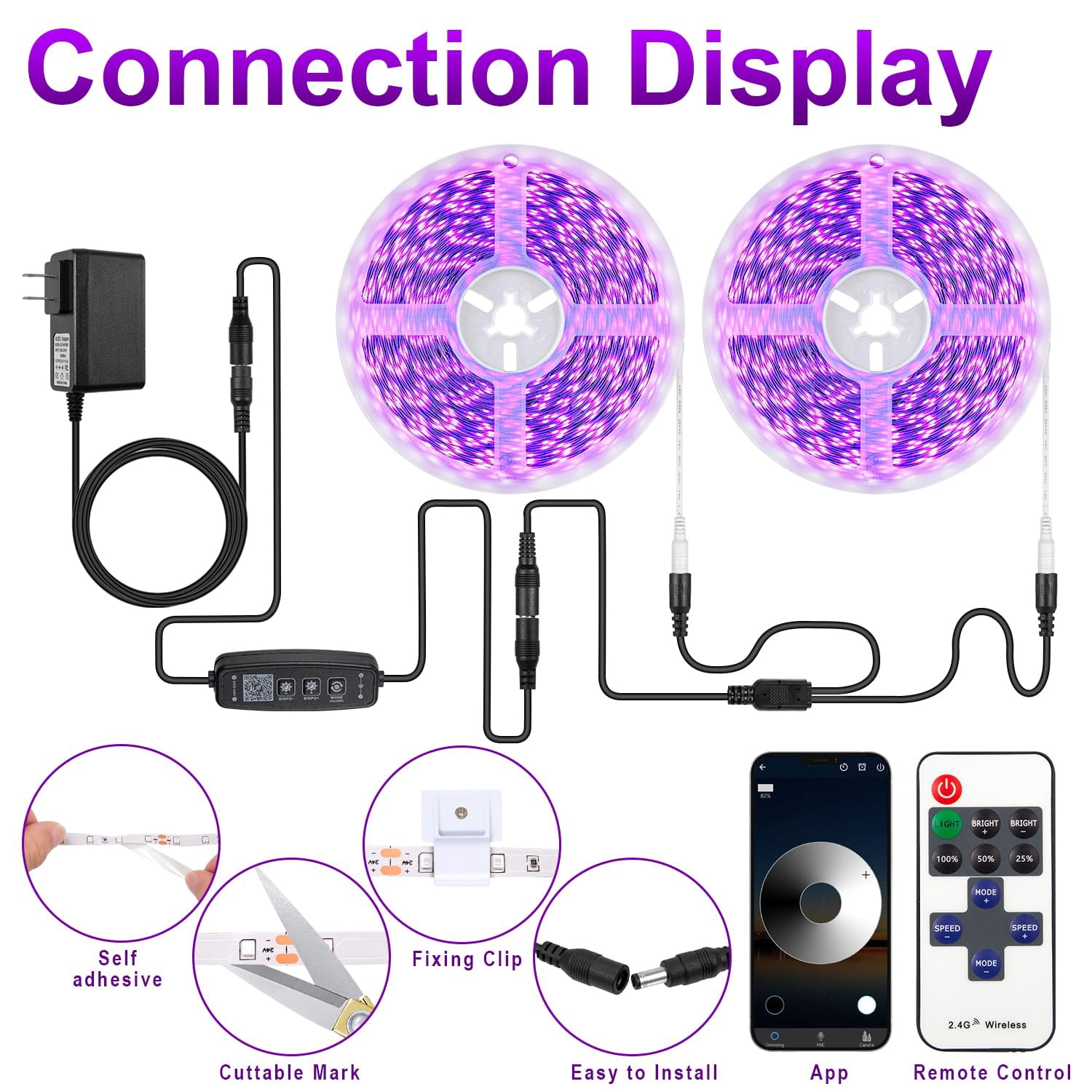 Gliztech 100FT Black Light Led Strip App Control, Black Light for Glow Party with Remote, Self Adhesive UV Light Strip for Halloween Decor, 24V