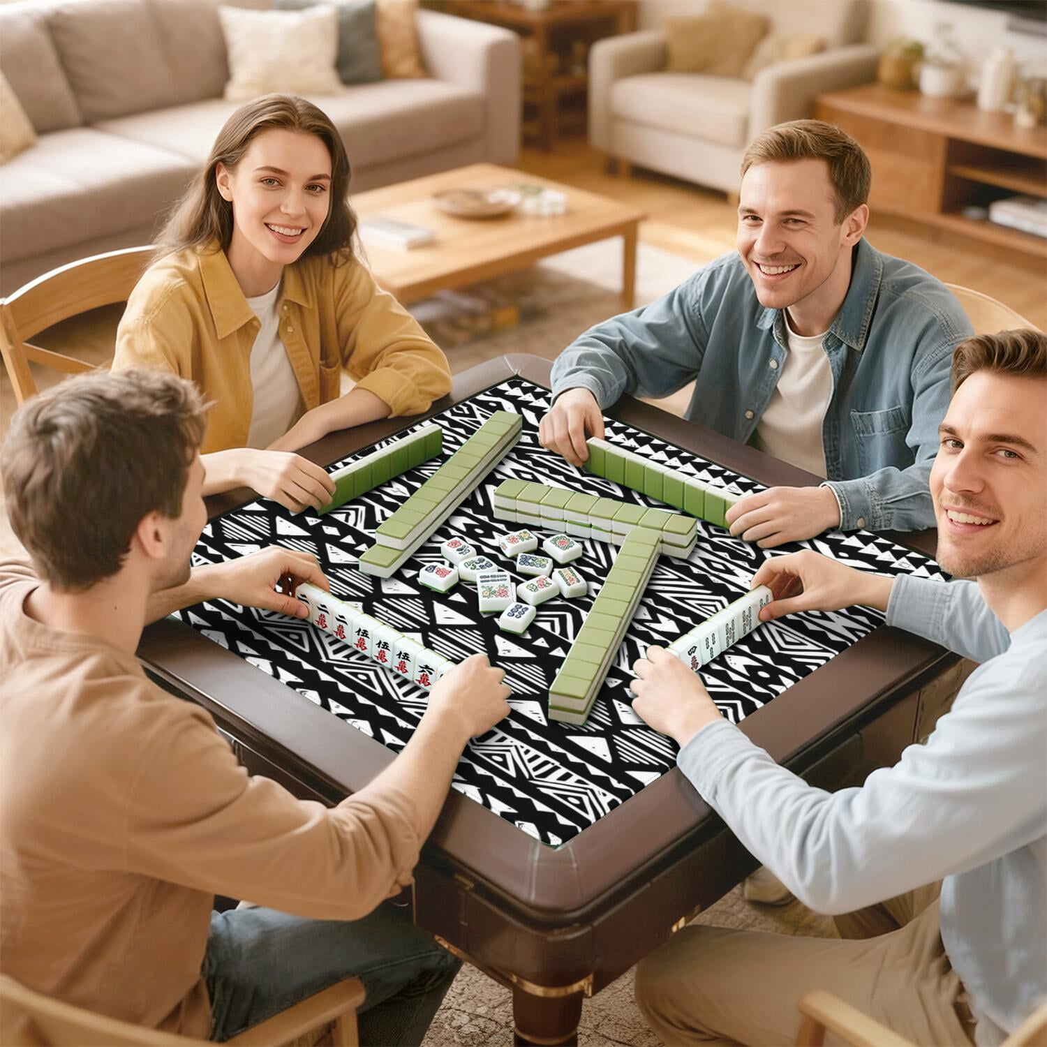 Extra Large Boho Style Anti-Skid Mahjong Mat 31.5 Inch Square Rubber Table Pad with Noise Reduction for Playing Chinese Tiles and Family Entertainment
