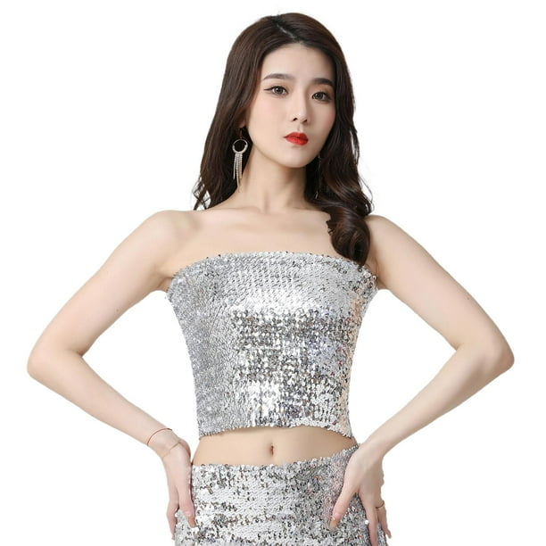 Top de tubo de lentejuelas para danza del vientre elástico para mujer, ropa sin hombros a la moda sin tirantes Argén Yuyangstore Top tubo de danza del vientre