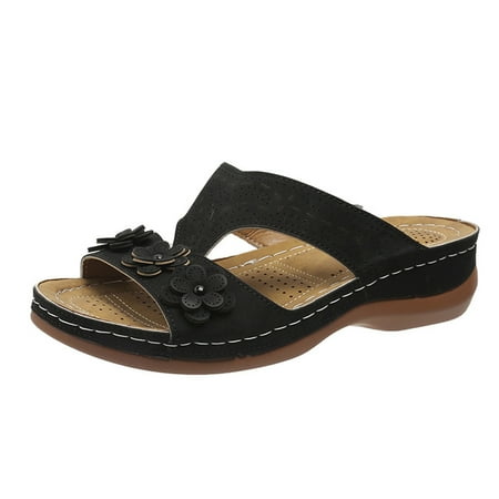 

KIJBLAE Women Summer Beach Flat Sandals Hollow Out Shoes with Flower Decor Wedges Platform Sandals Plus Size Black 43