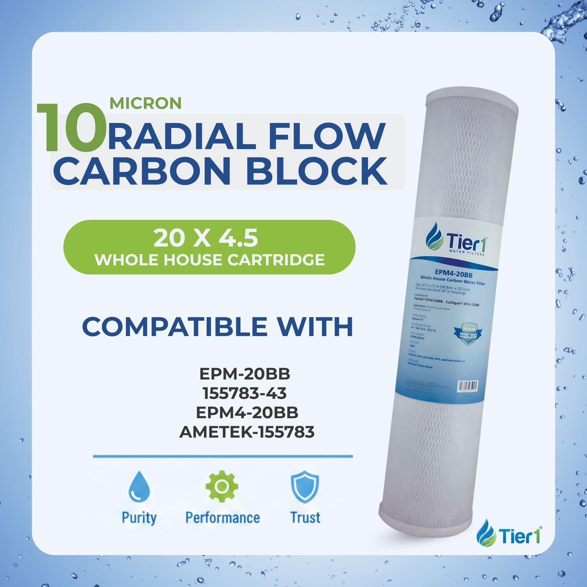Tier1 10 Micron 20 x 4.5 Water Filter | Radial Flow Carbon Block Whole House Cartridge | Replacement for Pentek EPM-20BB, 155783-43, EPM4-20BB | 4.5 x 20 Water Filter