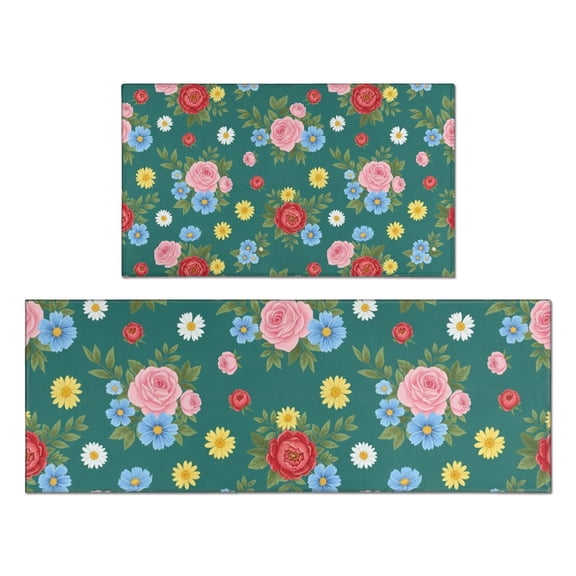 Pioneer Flower Floral Print Pattern Kitchen Rugs Sets Of 2, Anti Fatigue Non Slip Washable Floor Mats for Kitchen Sink Laundry, 17X30 Inch 17X47 Inch