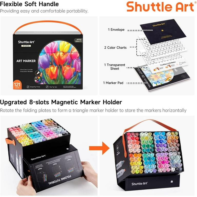 Shuttle Art 121 Colors Dual Tip Markers Set with Blender, Pad