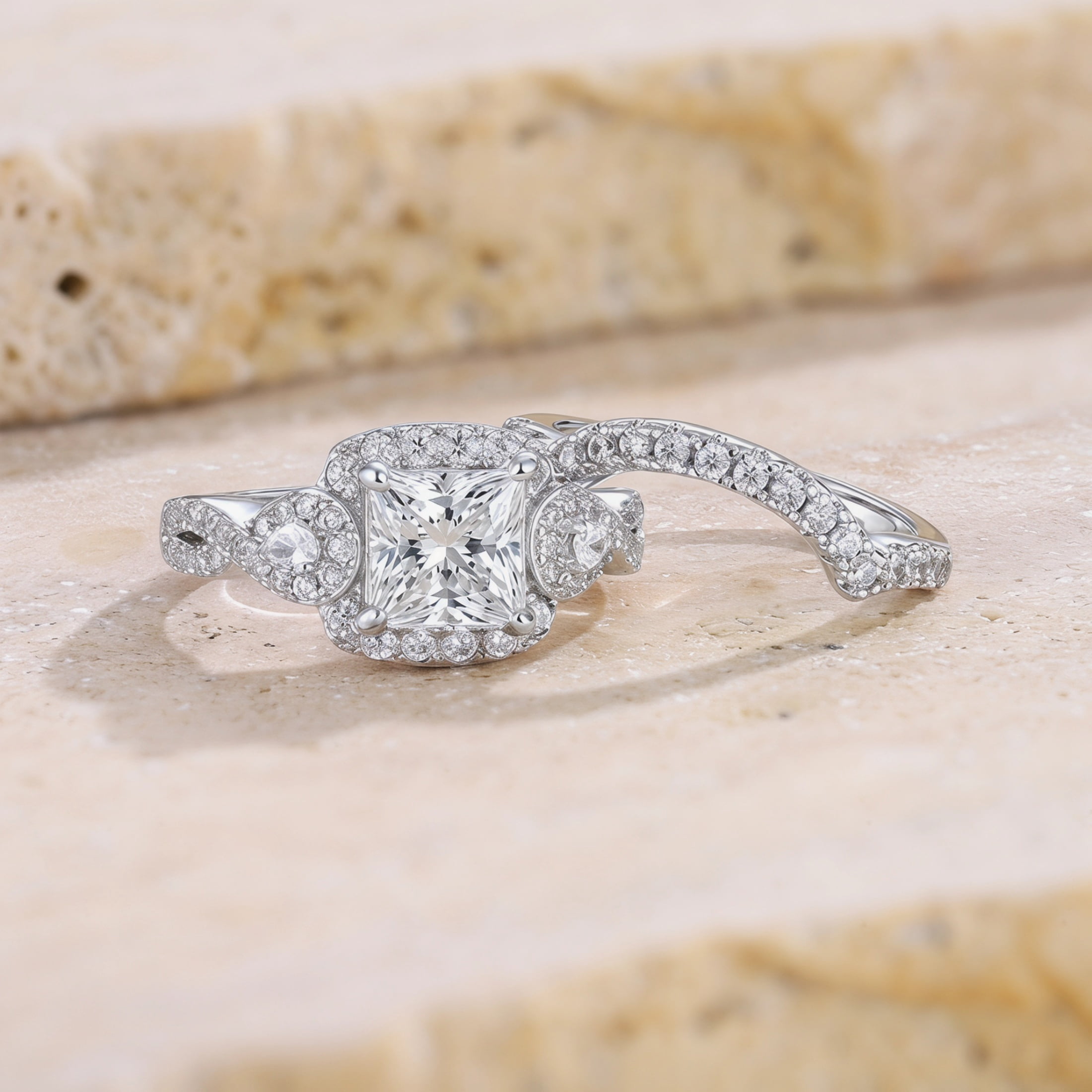 SFTING Engagement Rings for Women Princess Pear Cut Wedding Ring Set 5A CZ Silver 18K Plated Anniversary Mother's Day Gift for Her Size 6