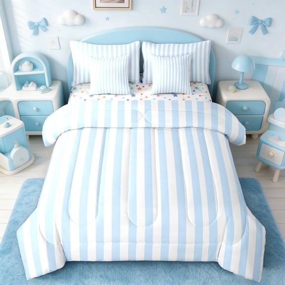 jejeloiu Abstract Geometric Lines Twin Bedding Sets 7-Piece,Geometric Theme Bedding Comforter Set,Blue White Stripes Sheet Sets For Children,Breathable Home Decor Reversible