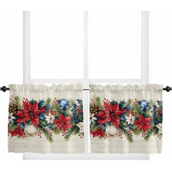 Red Blue Christmas Kitchen Curtain 2 Panels Tiers Curtains 24 Inch Length, Xmas Botanical Poinsettia Balls Curtains Rod Pocket Curtains Window Drapes Treatment Window Cafe Curtains