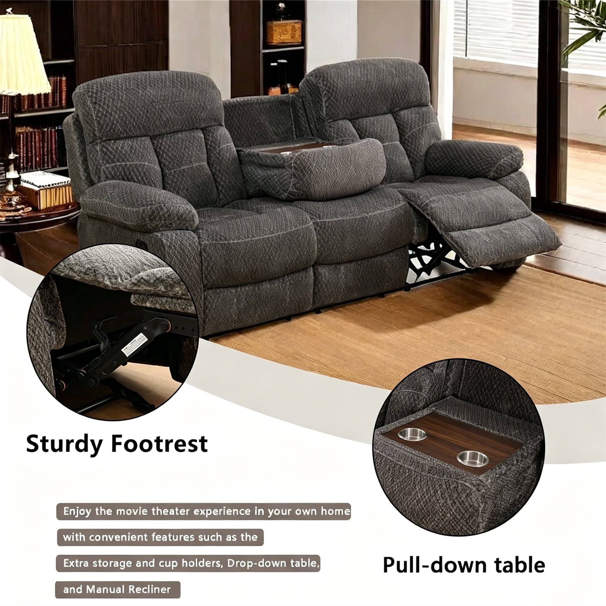 Aukfa 3-Piece Recliner Sofa Set - 87.5" 3 Seat Recliner w/ Flip Backrest Cupholder Console, Home Theater Seating, Gray