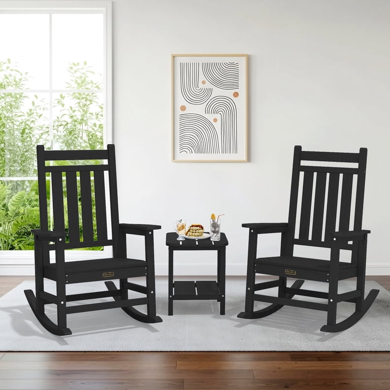 SERWALL, Outdoor Rocking Chair, Set of 2, HDPE Patio Rocker Black
