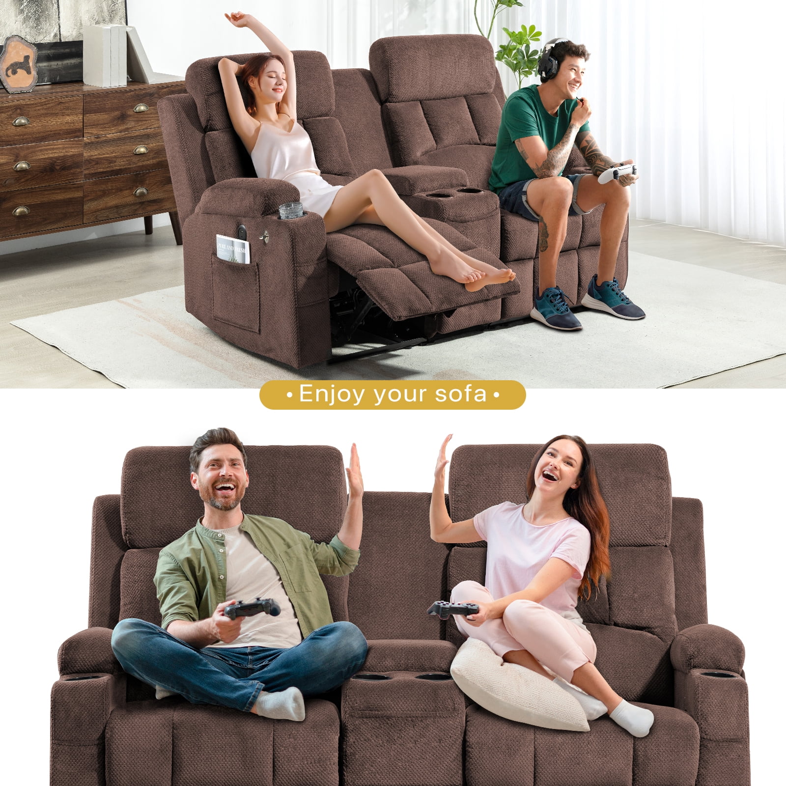 ReeQuo Oversized Reclining Loveseat with Adjustable Headrest, Dual Storage Console, USB & Type-C Charging, 4 Cup Holders & Phone Stands – Comfortable 2-Seater Recliner Sofa, Brown