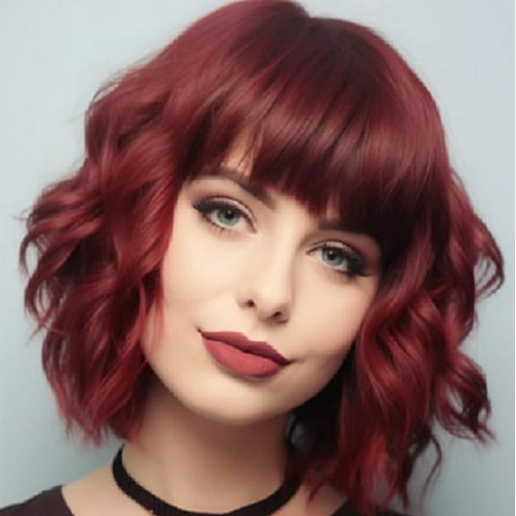 Tuscom Short Curly Wigs for Women with Bangs - Water Wave Synthetic Wig, 15 Inch European & American Style Glossy Natural Look