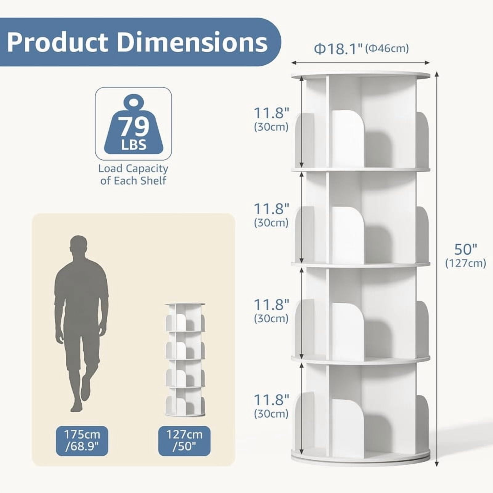 Simenmax 4-Tier Rotating Bookshelf Tower – 360° Spinning Bookcase for Small Spaces, Freestanding Vertical Corner Shelf for Bedroom, Living Room, Study, White