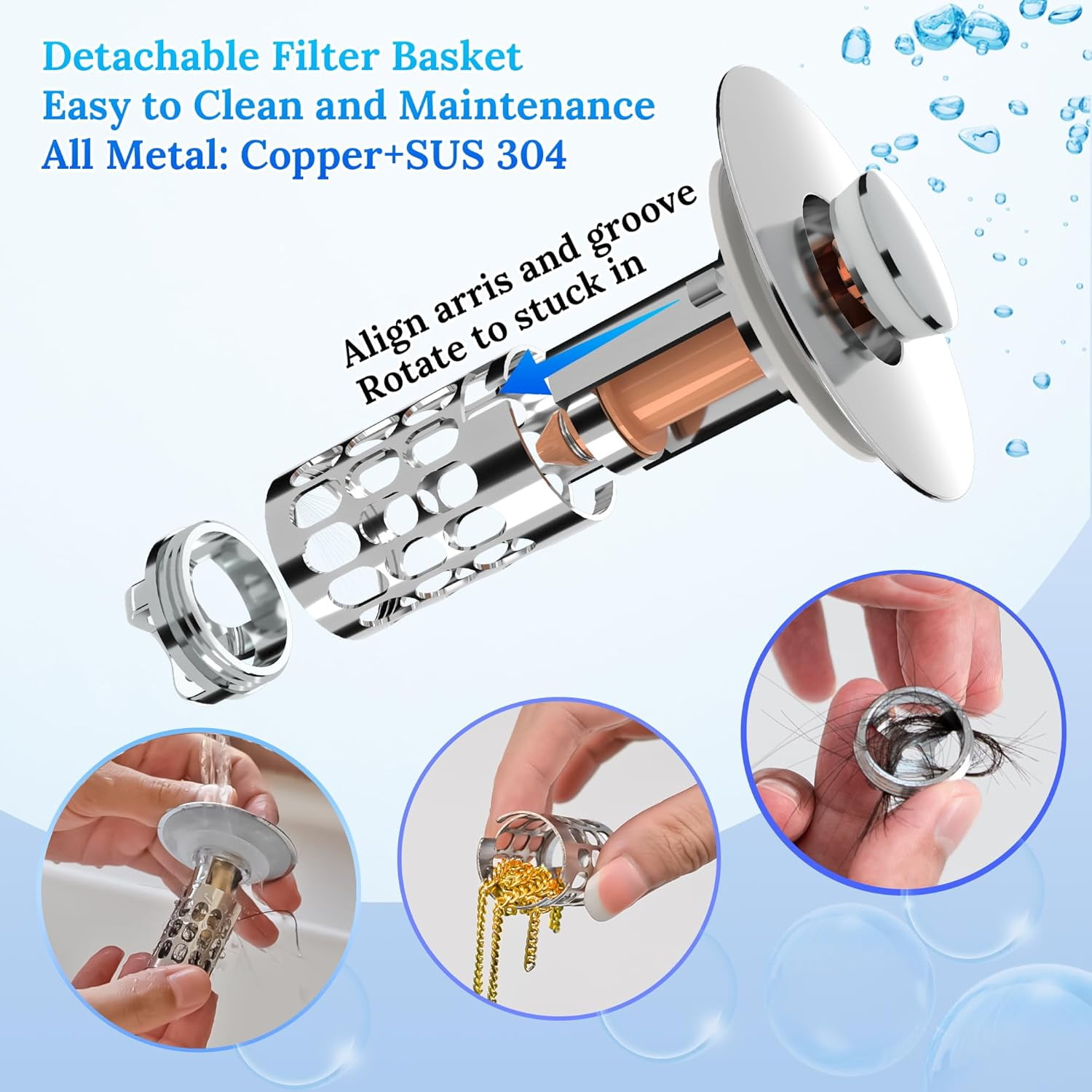 2pcs Silver Pop up Bathroom Sink Drain Strainer,Universal Sink Stopper Bathroom Drain with Filter Basket,Bathroom Sink Stopper Hair Catcher for 1.06"~1.61" Drain Hole