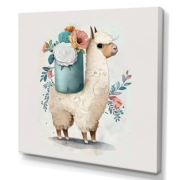 Designart Llama Building A Tower Of Toilet Paper With Flowers III Canvas Wall Art