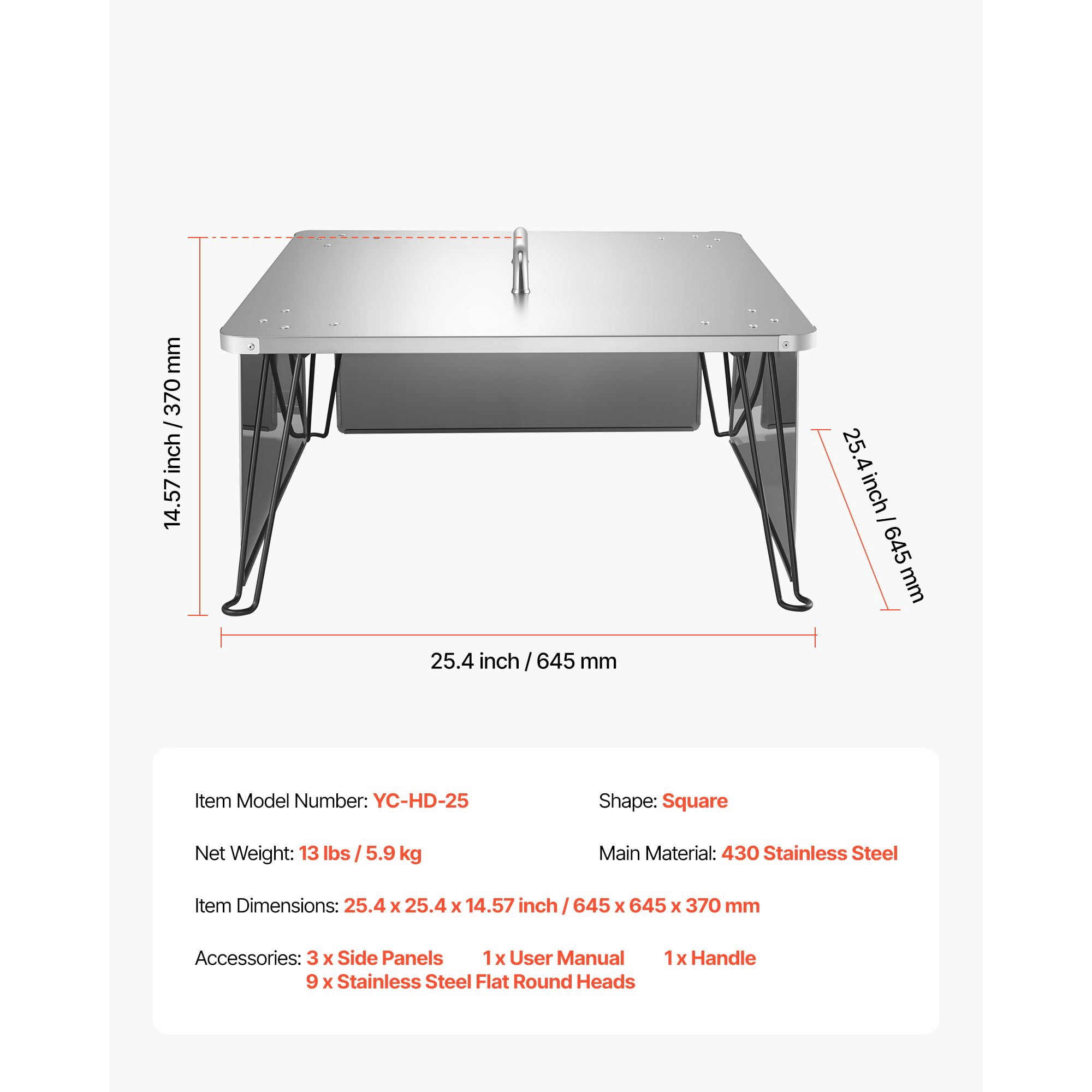 Fire Pit Heat Deflector, 25.4x25.4x14.6 inch Square Outdoor Burner Cover, Stainless Steel Bonfire Camping Wood Burning, Push Heat Down and Out with 4 Foldable Legs & Carrying Handle