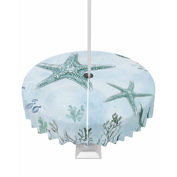 Hokiten Outdoor Tablecloths with Umbrella Hole & Zipper, Coastal Starfish Round Tablecloth 54 Inch, Nautical Coral Tropical Fish Seashells Waterproof Table Cloth, Patio/Pool/Picnic Table Covers