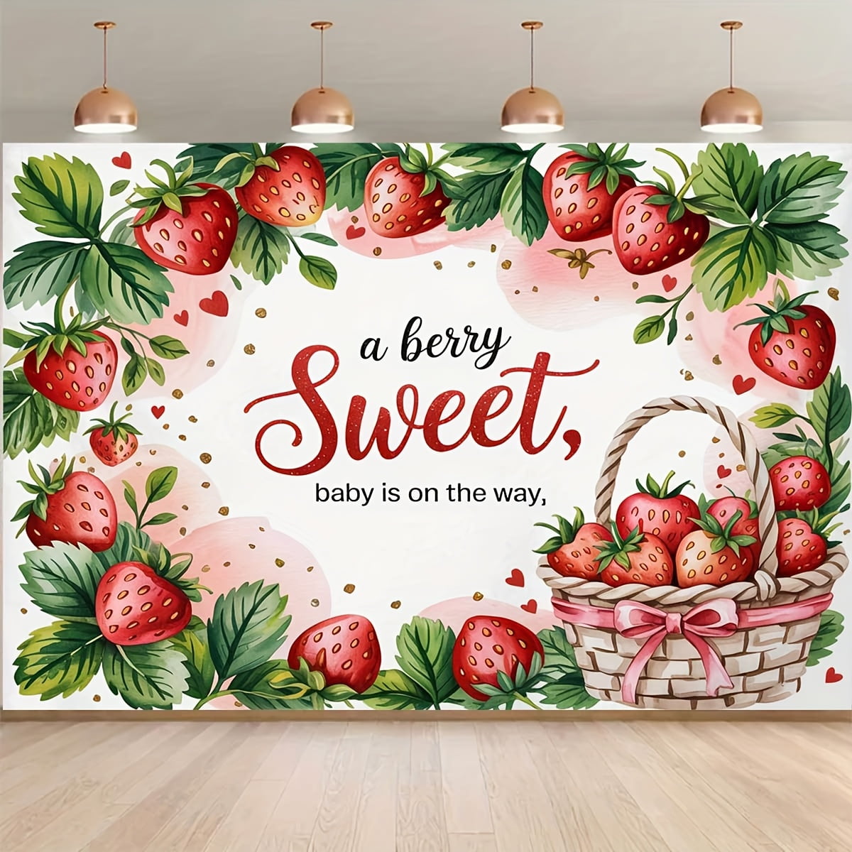 Fotohintergrund Babyparty – Erdbeer-Motiv „A Berry Sweet Baby“ | 2,1 X 1,5 M | Vinyl, Faltbar, Für Mädchen-Party
