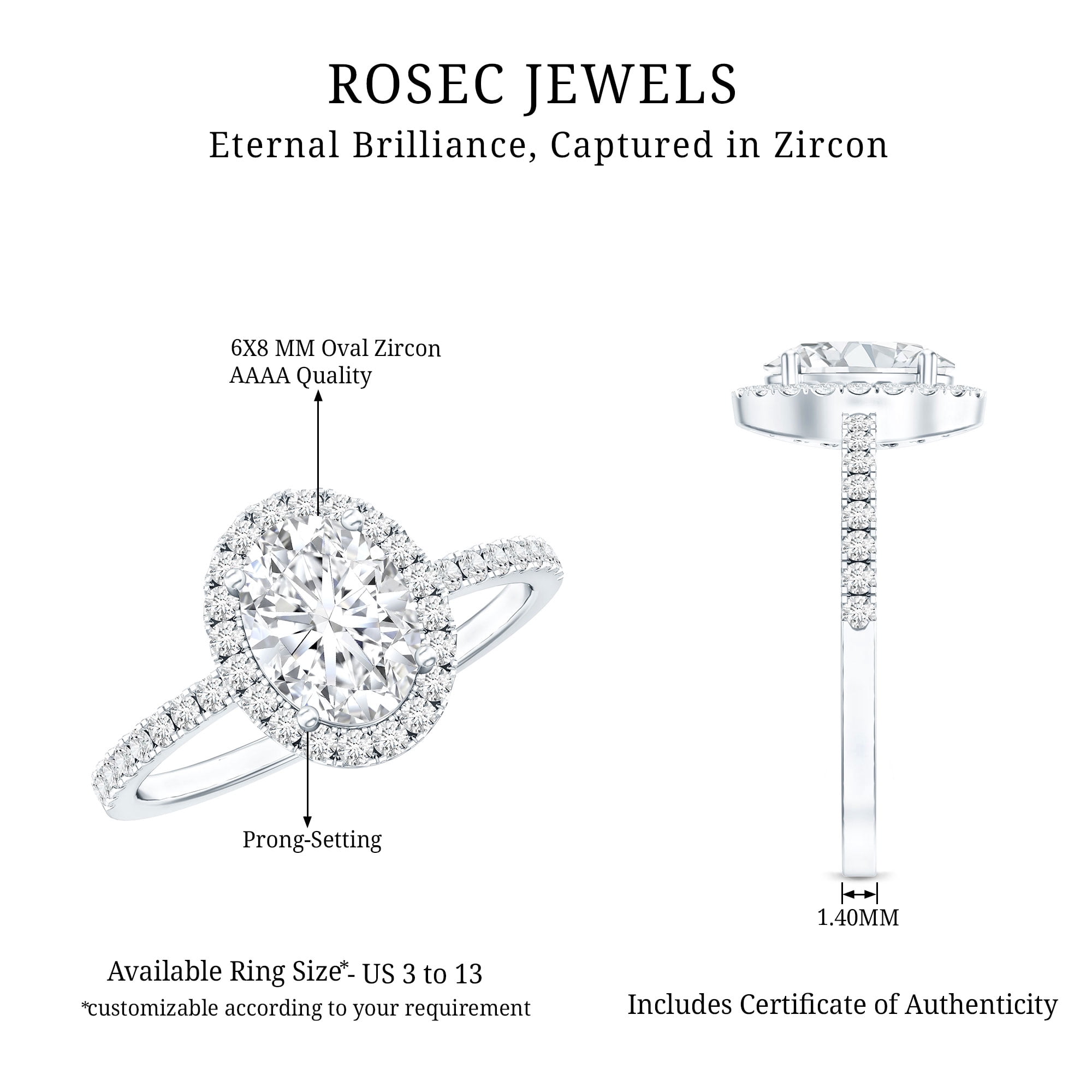 Rosec Jewels Classic Cubic Zirconia Halo Engagement Ring for Women, 14K White Gold, US 12.00