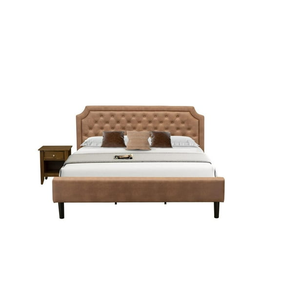 East West Furniture GB28K-1GA08 2-Pc Platform King Size Bedroom Set with Frame and 1 Antique Walnut Night Stand - Brown Faux Leather and Black Legs