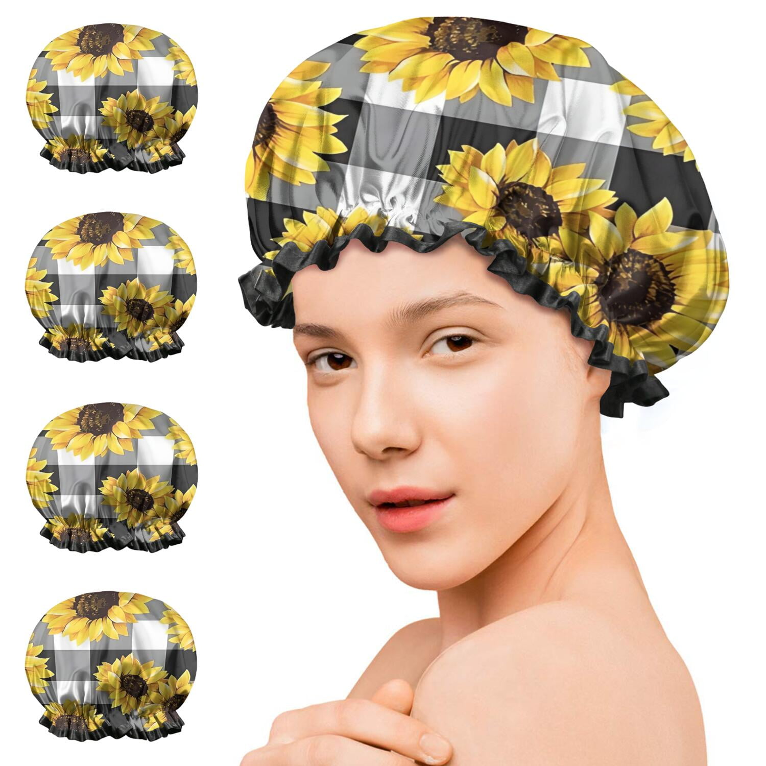Shower Caps,Black White Gray Checker Sunflower Pattern Waterproof Shower Cap for Women 4 Pieces,Double Reusable Hair Cover for Shower PEVA Elastic Stretch Hem