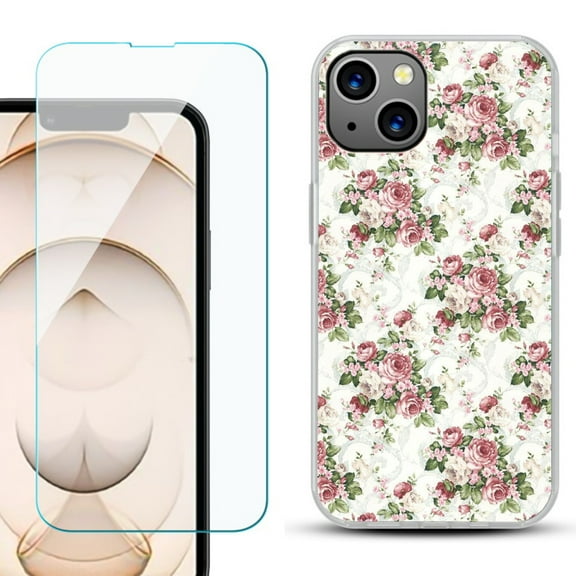 Slim-Fit Flexible TPU Gel Phone Case for iPhone 13, with Tempered Glass Screen Protector, by OneToughShield ® - Floral/Rose