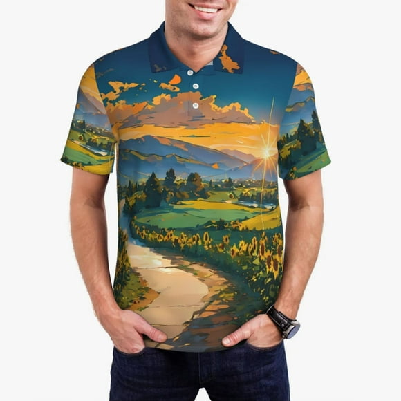 Saiise Sunflowers At Sunset Print Mens Golf Shirt Moisture Wicking Quick-Dry Print Performance Polo Shirts for Men-X-Large