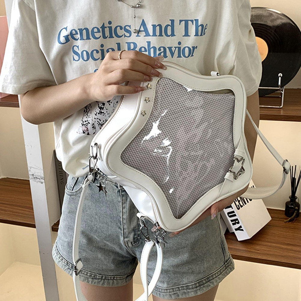 Jiibva White Star Backpack PU Leather Shoulder Bag Star Shape Tote Bag, Y2K Spicygirl Travel Backpack Messenger Bag