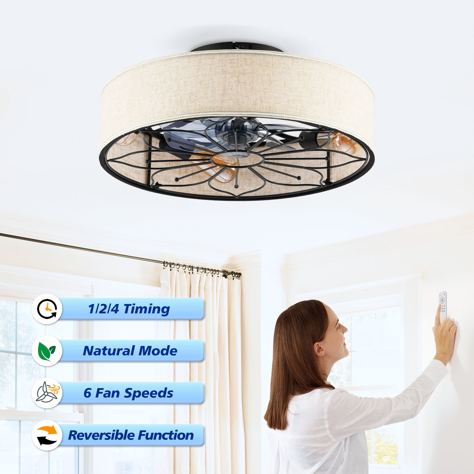 Leumius 20" Fabric Farmhouse Ceiling Fan with Light and Remote Control,Low Profile Modern Enclosed Ceiling Fans with Reversible Motor for Living Room,Bedroom,Kitchen Black (NOT Included Bulbs)