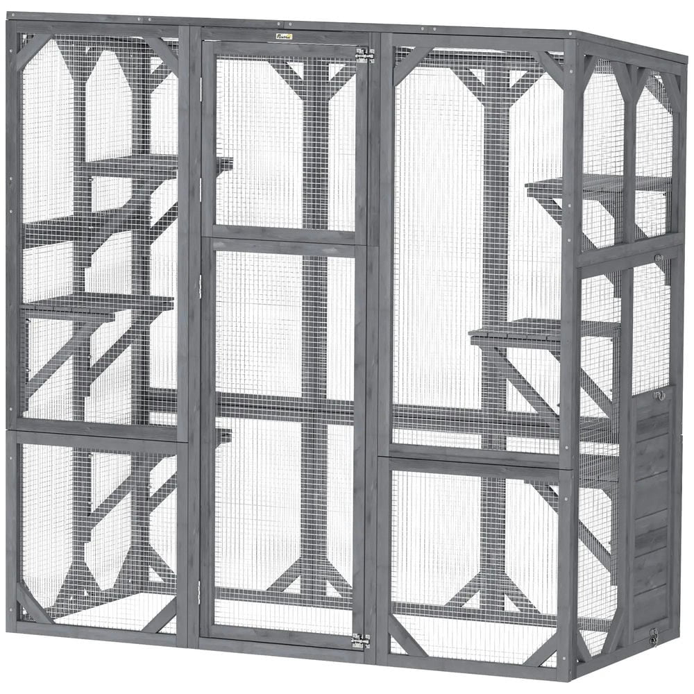 GVN Cat Catio Enclosure, Cat Cage House,Large Wooden Catio Outdoor with 6 Jumping Platforms, Weatherproof Roof,Gray