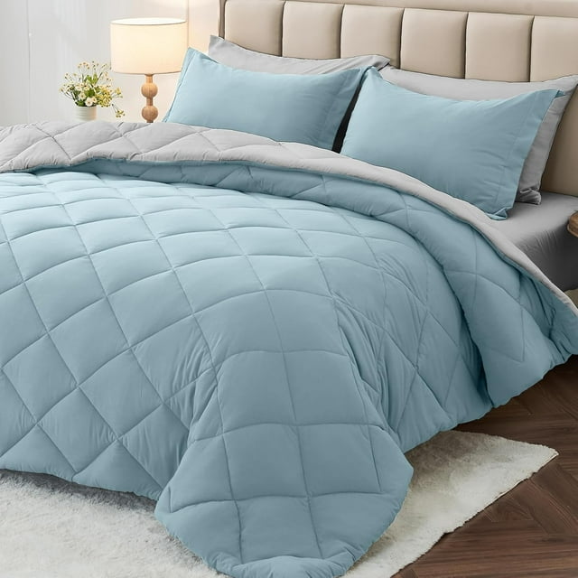 Ensemble Douillette Grand 7 Pcs MUXHOMO, Sac de Literie Toutes Saisons Format Grand, Ensemble de Literie Réversible avec Douillette, Drap Plat, Drap-Housse, Taies d'Oreiller et Couvre-Oreillers, Bleu Fumé et Gris Pâle