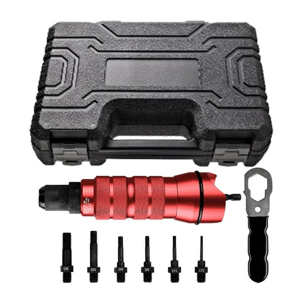 Adaptador de remache eléctrico de Taladro Inalámbrico con llave de Estuche de transporte, Kit adaptador de taladro de tuerca de remache portátil para Mandriles métricos 6