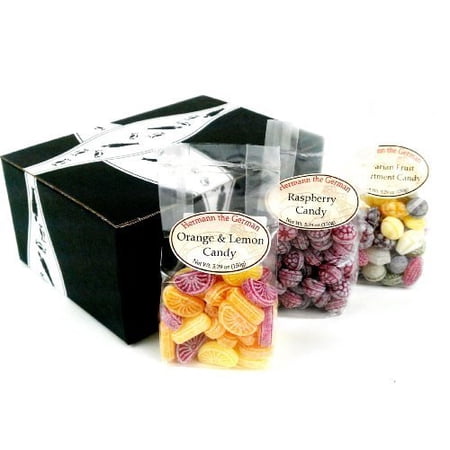 Hermann the German Bavarian Hard Candy 3-Flavor Variety: One 5.29 oz Bag Each of Bavarian Fruit Assortment  Raspberry  and Orange & Lemon in a BlackTie Box (3 Items Total)