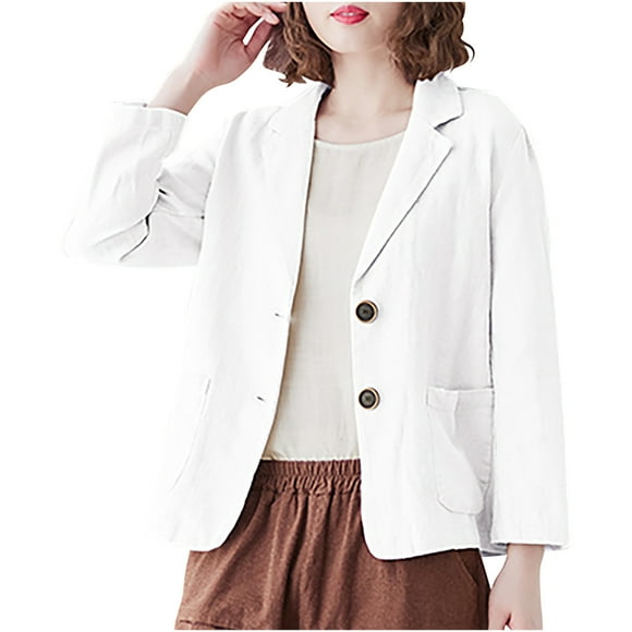 cfhntfmh Cotton Linen Blazers for Women Fashion Collared Long Sleeve Buttons down Work Blazer Jackets Business Casual Outwear