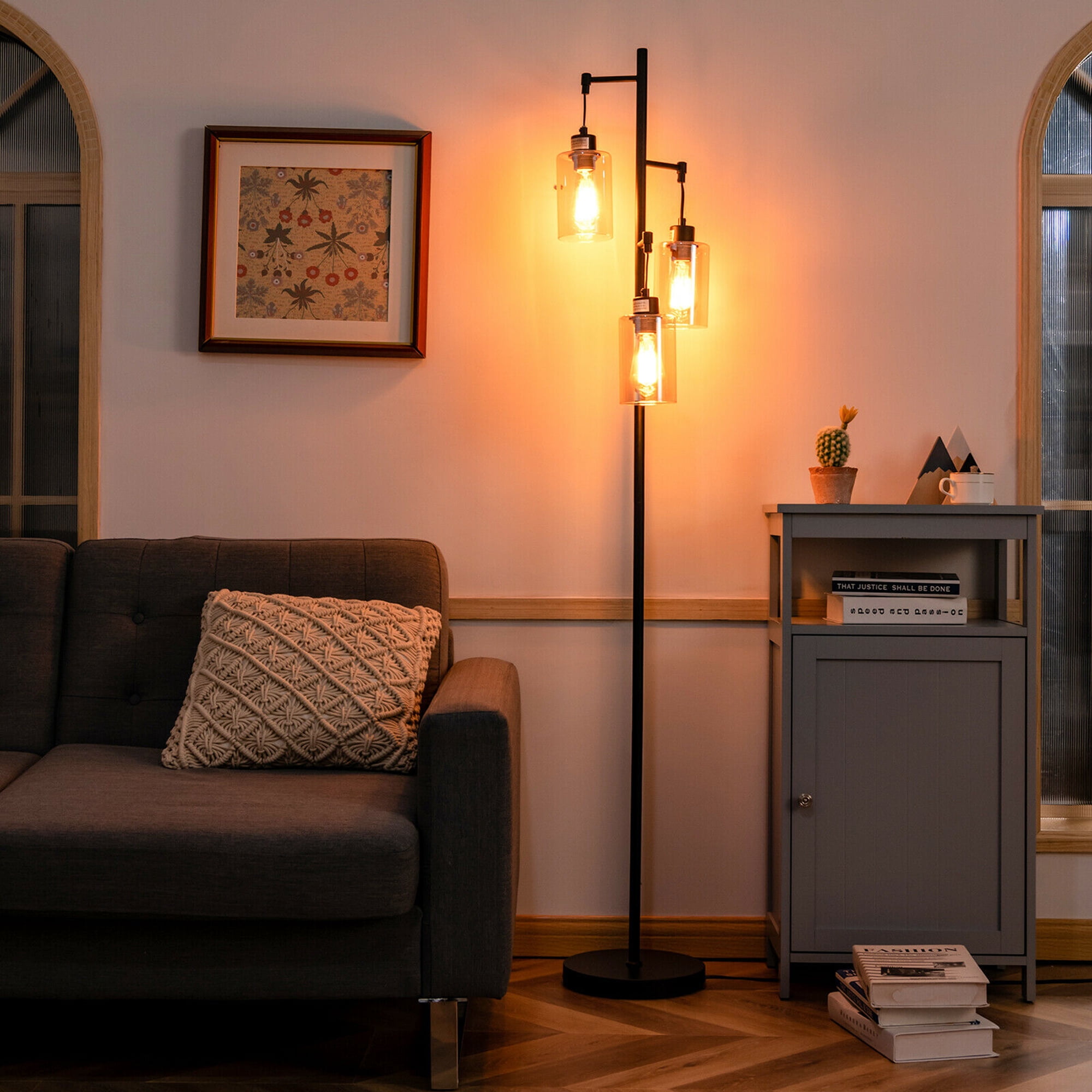 Gymax Freestanding Floor Lamp Retro Floor Lamp w/3-Head Hanging Amber Glass Shade