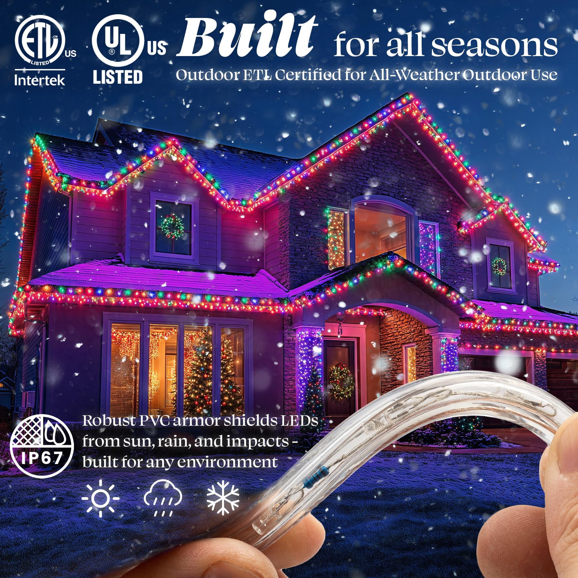 WYZworks 50 ft Extendable LED Rope Lights (Blue, Clear White, Green, Orange, Red, RGB, Warm White) - ETL Safety Certified, Christmas Xmas Tree Holiday Decoration Indoor/Outdoor Lighting - RGB