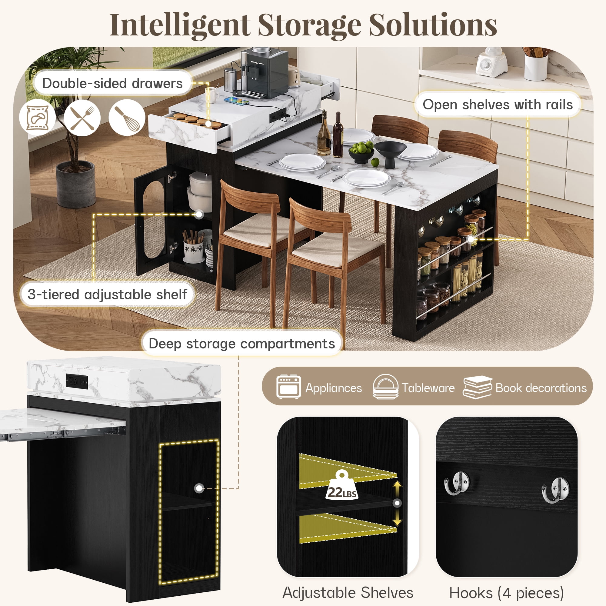 Euroco 57.7" Kitchen Island with Extendable Dining Table for 4,Rolling Mobile Kitchen Storage Table with 2 Drawers, Power Outlet,Hooks and Side Open Shelves, Kitchen Cart for Dining Room,Black